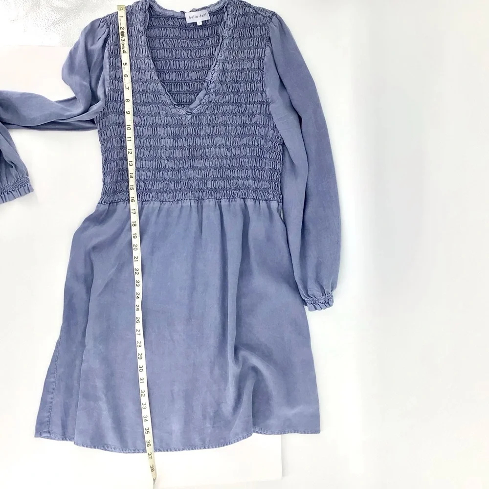 Bella Dahl Tencel-Lyocell Blue V Neck Long Sleeve Smocked Mini Dress Size Large - Picture 5 of 14